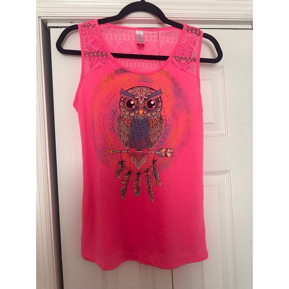 Bright Pink Owl Graphic Lace Tank Top - Women